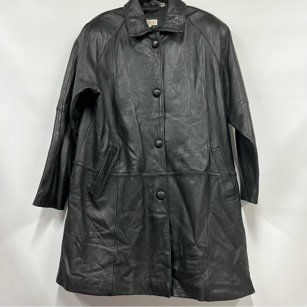 Vintage Medium Ssatori black Leather Coat full button down
